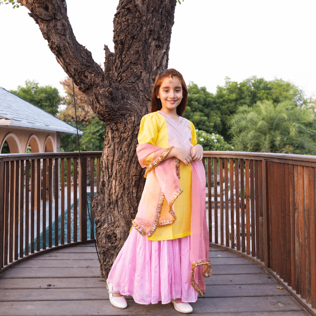 Navratri sharara girls golden handwork artisan embroidery festive wear Dubai Hyderabad