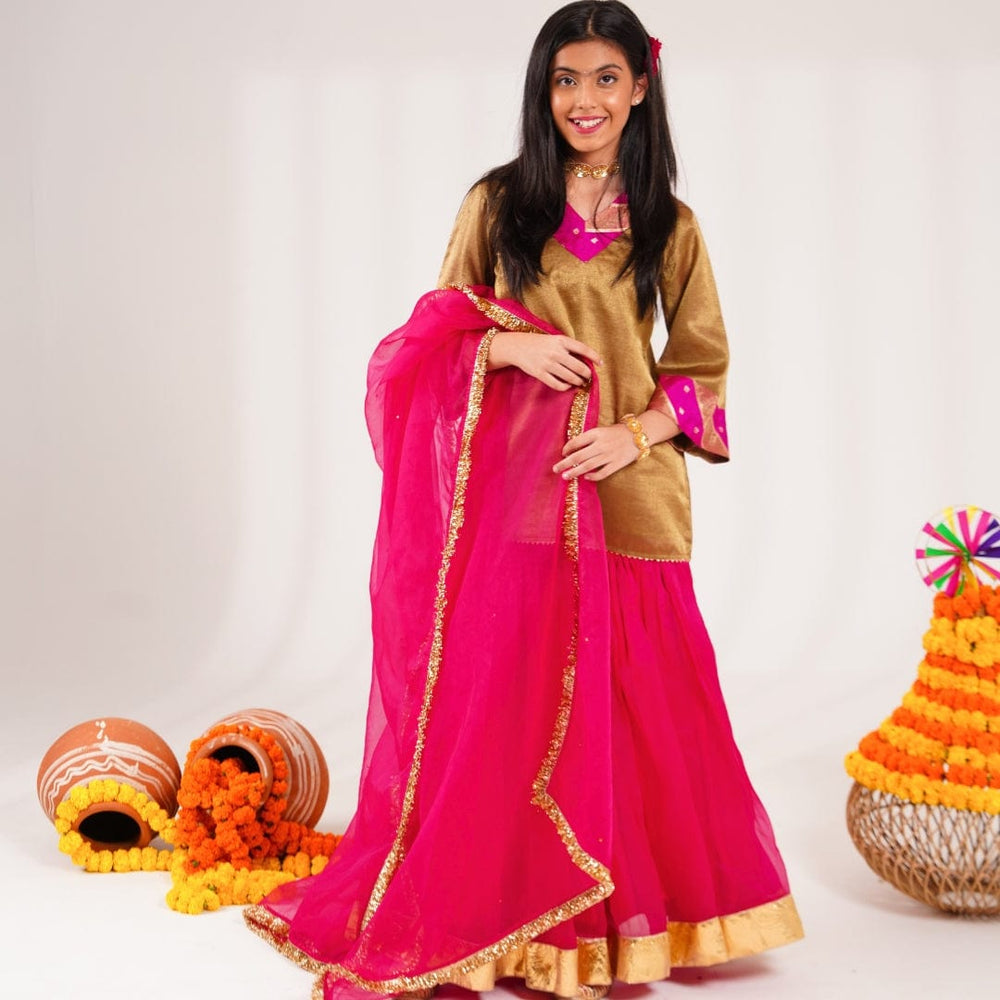 Pink organza sharara with golden brocade kurta handmade festive kidswear for Diwali pooja