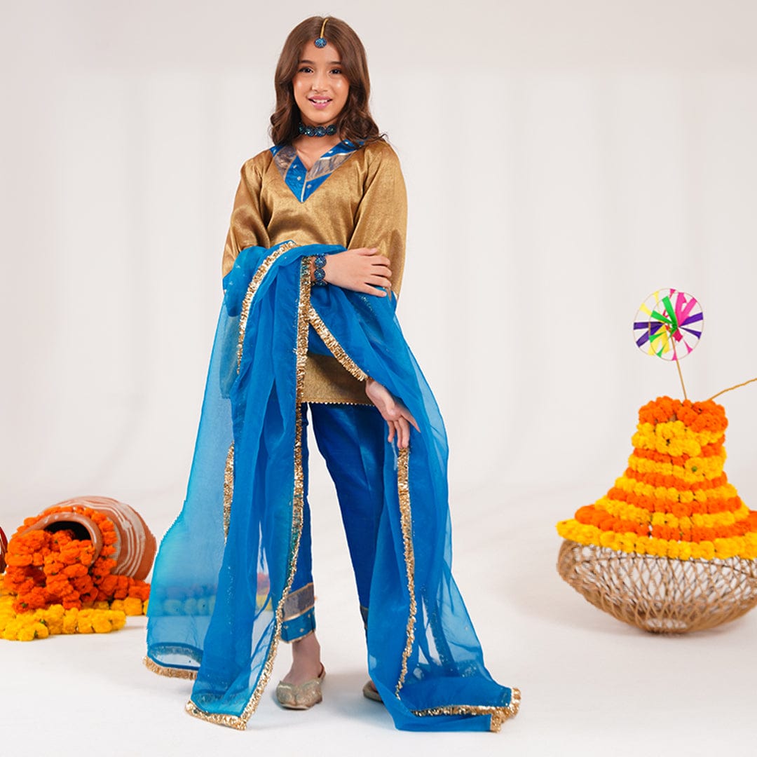 Elegant golden brocade A-line suit Pakistani sleeves girls festive fashion Ahmedabad