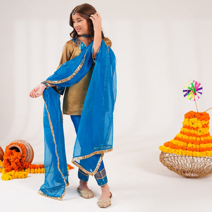 Luxury golden brocade kurta with organza dupatta festive kids wear Mumbai boutique edit