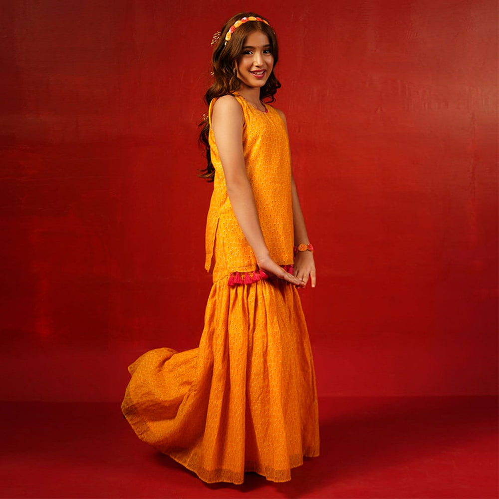 Luxury Gulmohar sharara for little girls mustard yellow with comfort lining South Delhi boutique