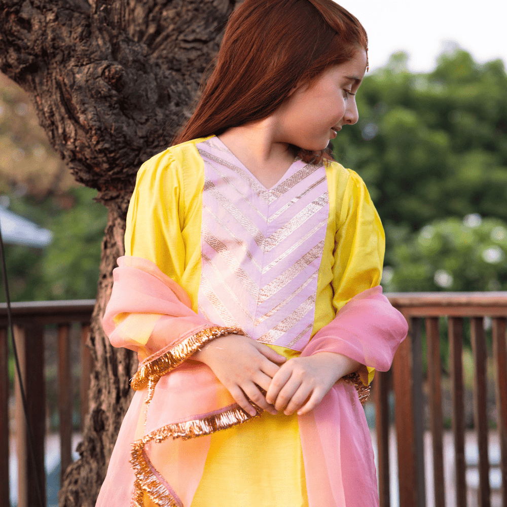 Golden zari Navratri sharara artisan handcrafted ethnic girls wear in Gurgaon Dubai UAE