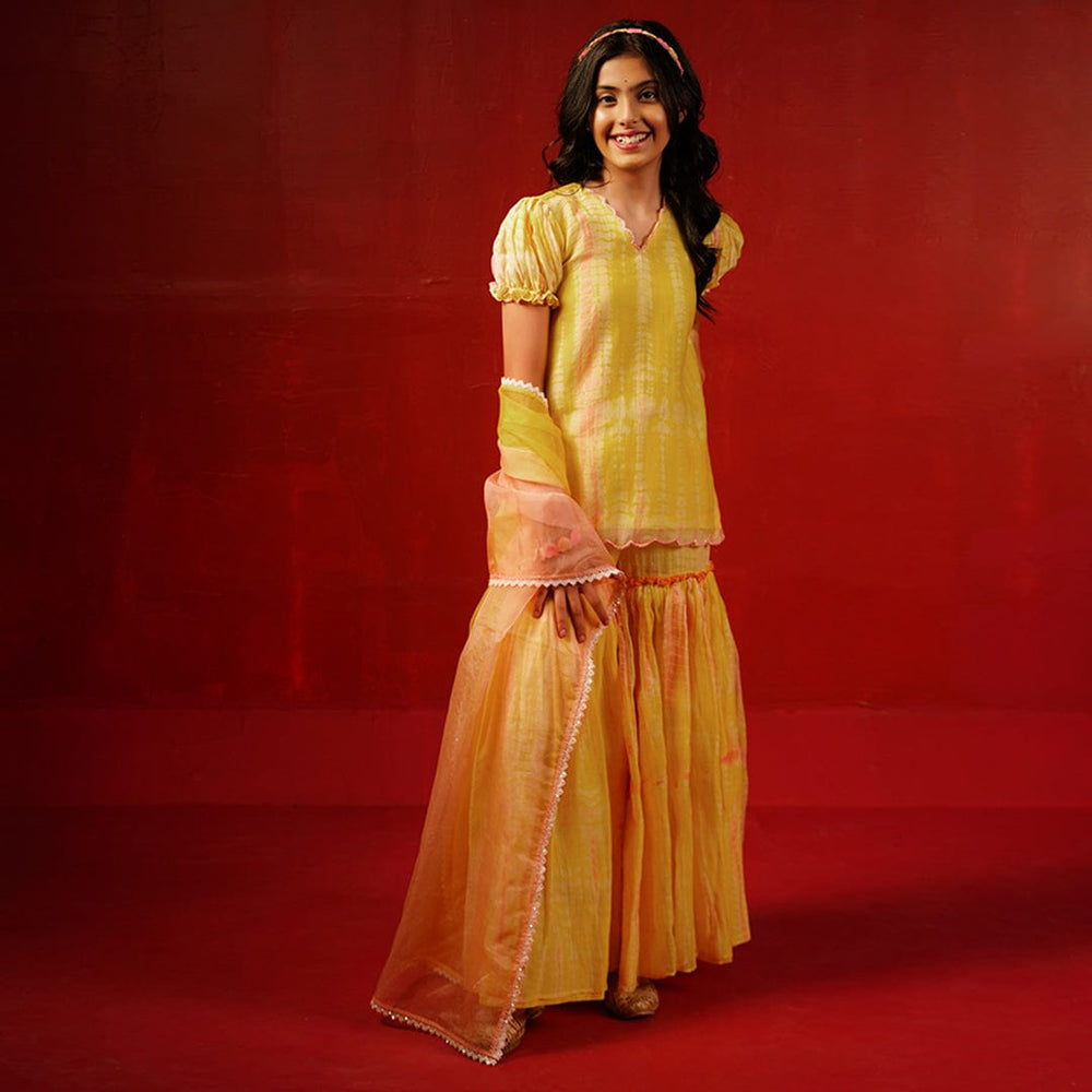 Designer yellow tie-dye kurti sharara kids ethnic wear with organza dupatta Hyderabad