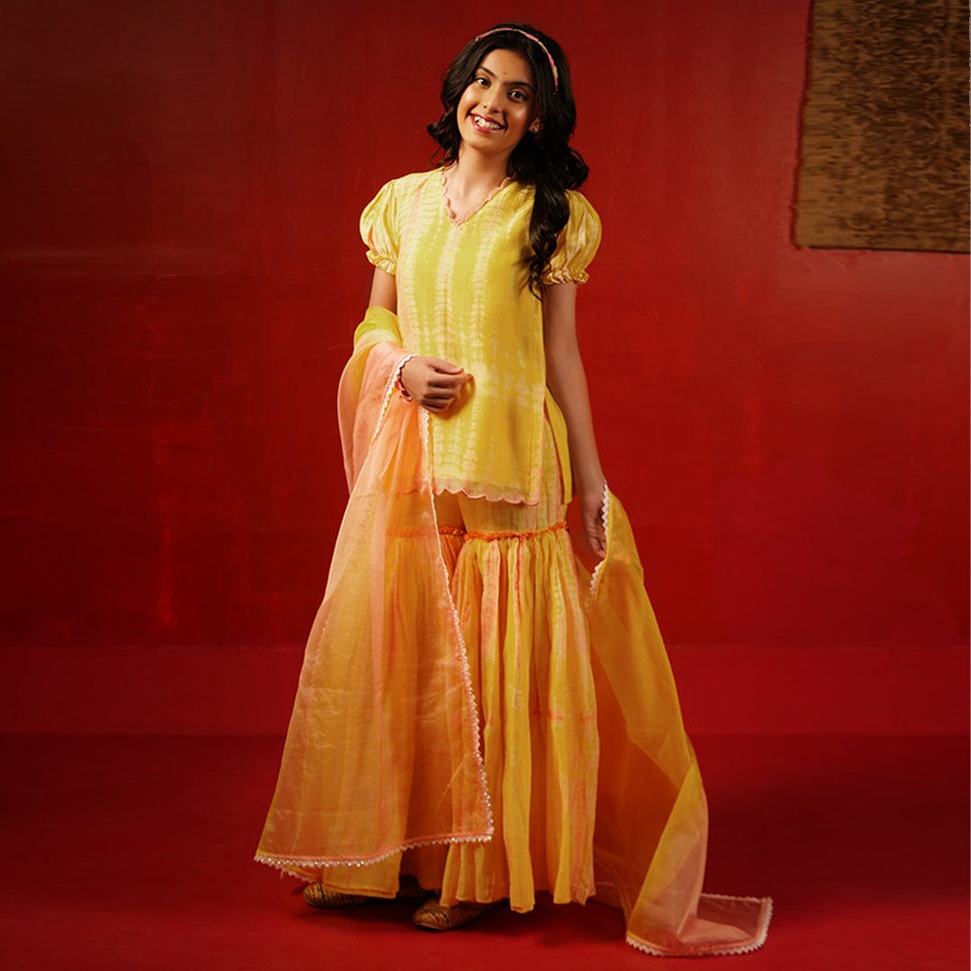 Luxury yellow chanderi kurti with scallop V-neck handwork festive outfit Mumbai couture