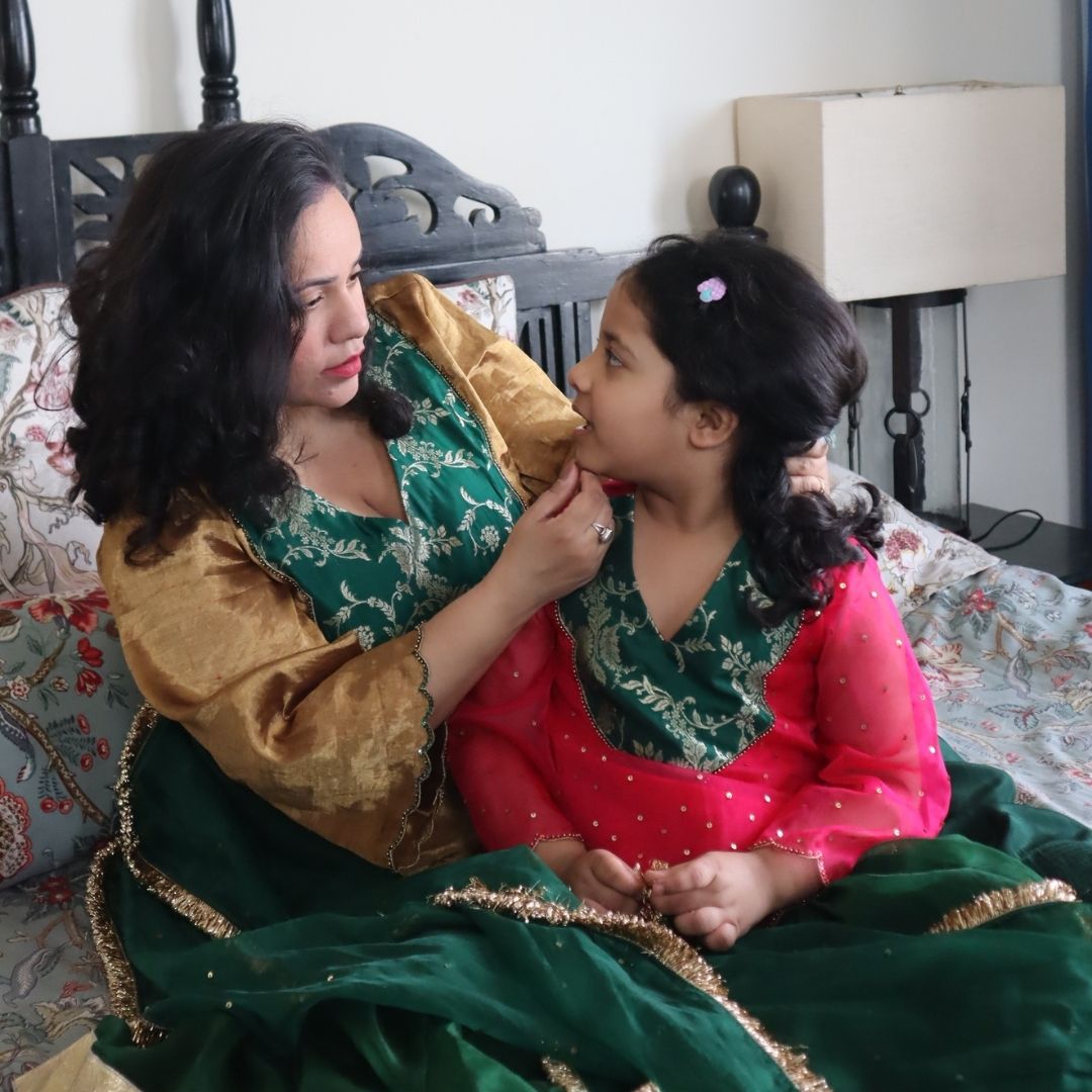 Pure Golden Tissue Kurta with Green Farsi Salwar for Moms