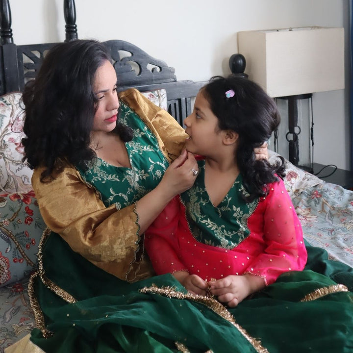 Pure Golden Tissue Kurta with Green Farsi Salwar for Moms