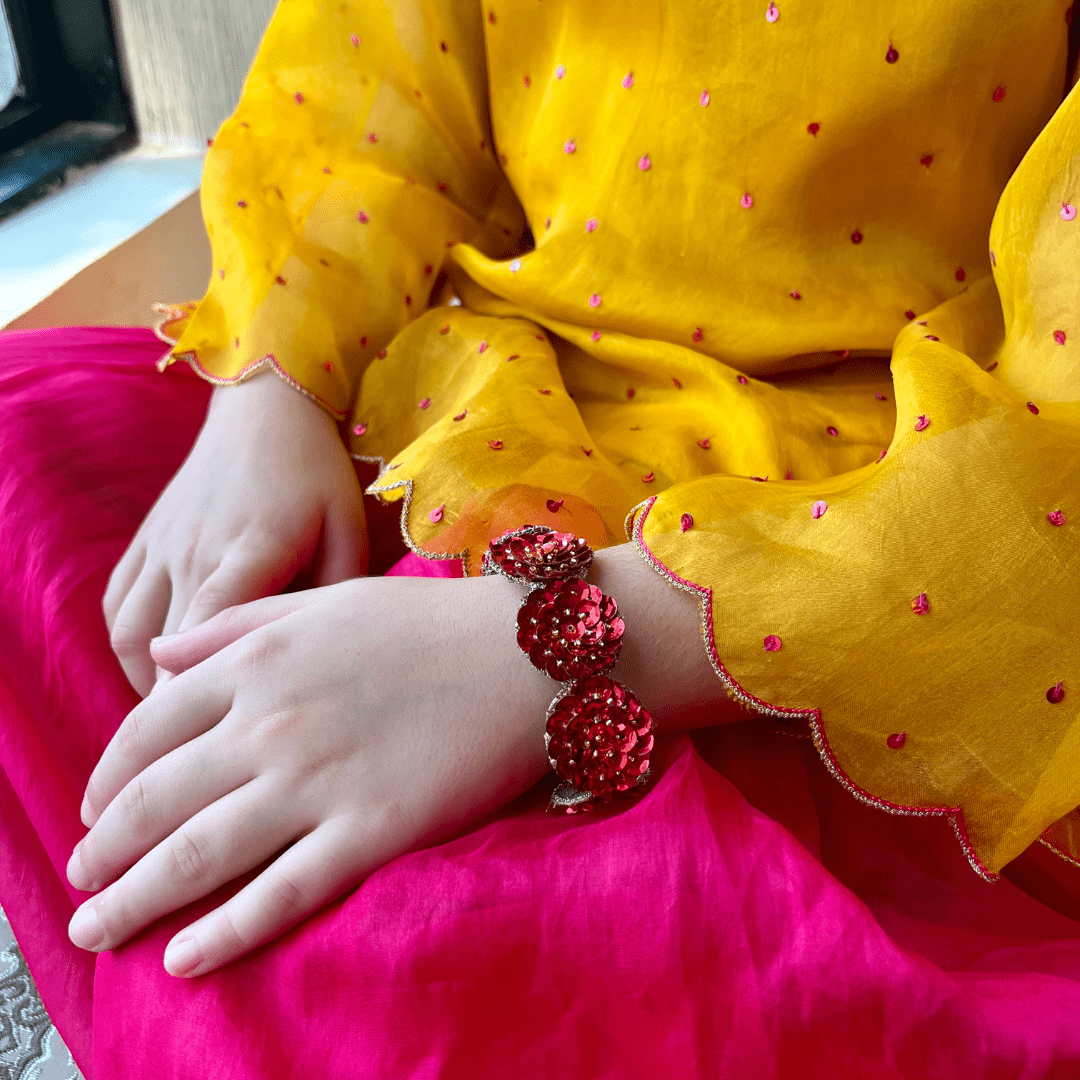 Daisy Deep Red Sequin Hand-Embellished Bracelet – Lightweight Multipurpose Ethnic Hand Accessory for Girls & Kids | Festive & Wedding Jewelry
