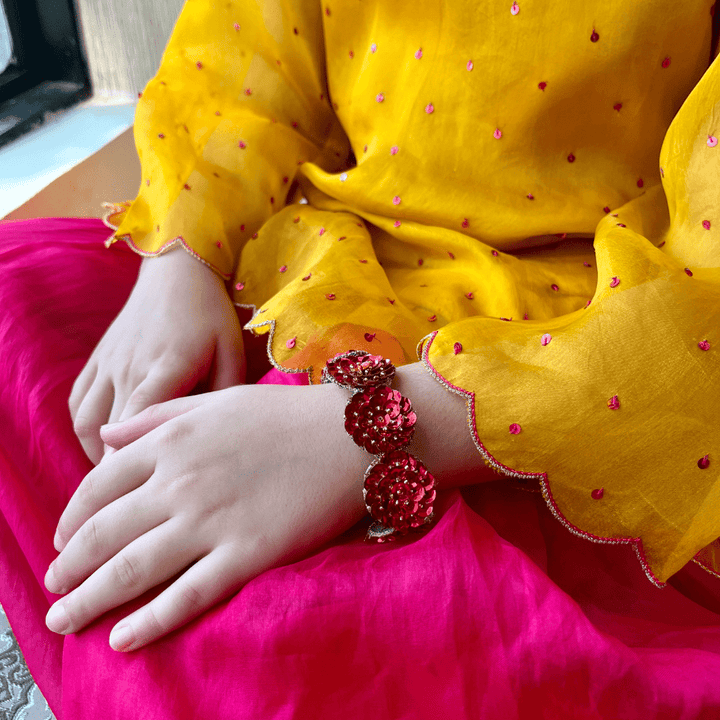Daisy Deep Red Sequin Hand-Embellished Bracelet – Lightweight Multipurpose Ethnic Hand Accessory for Girls & Kids | Festive & Wedding Jewelry