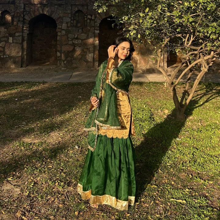 Pure Golden Tissue Kurta with Green Sharara Set for Girls