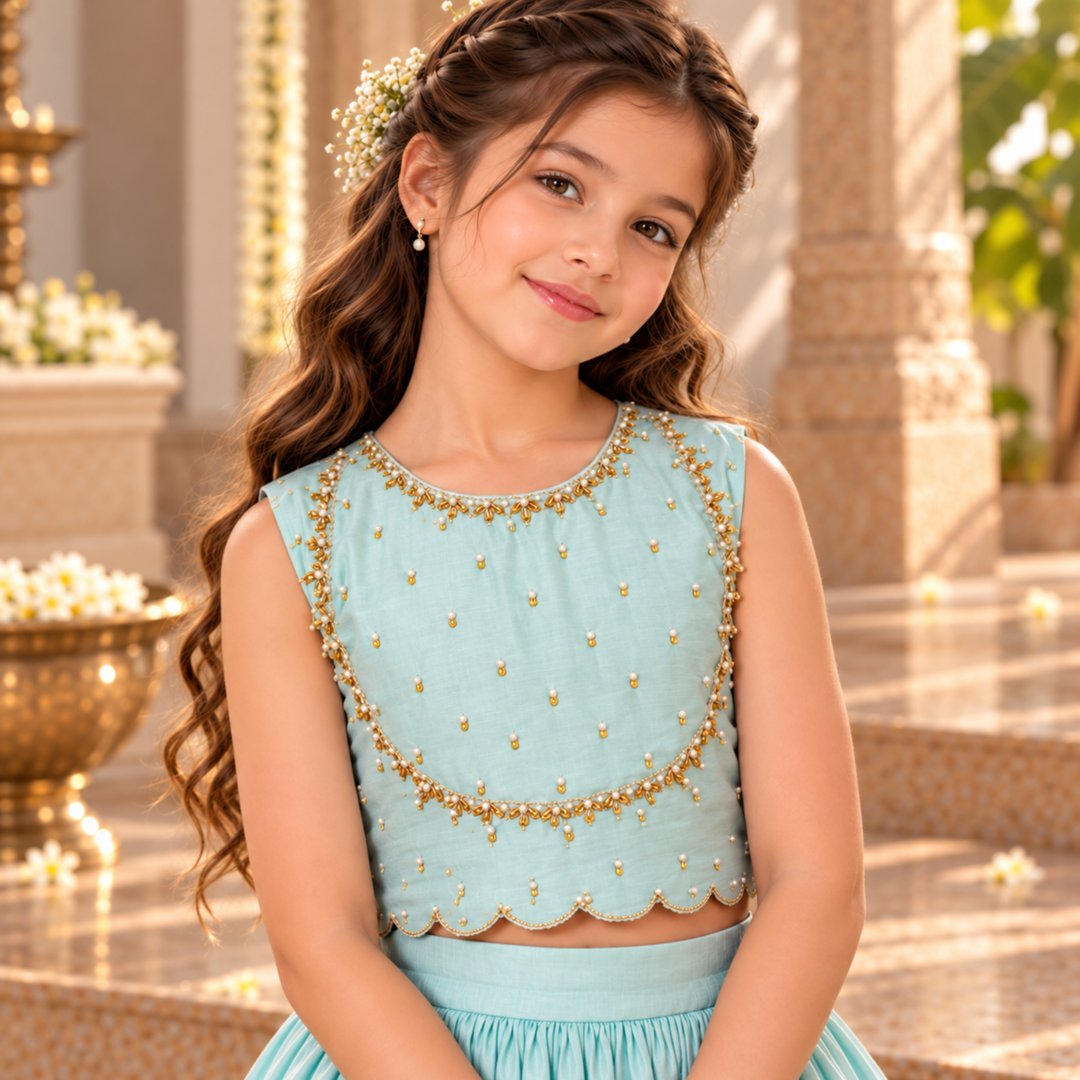 Powder Blue Girls Lehenga | Dabka Work