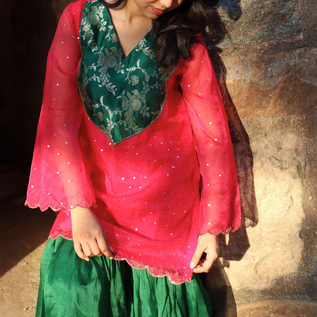 Pink Kurta with Patch & Green Sharara Set for Girls