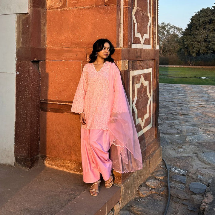 pink Floral Printed pearl scallop Farshi salwar set for girls