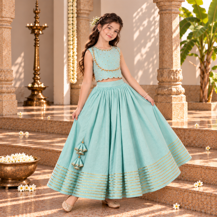 Powder Blue Girls Lehenga | Dabka Work