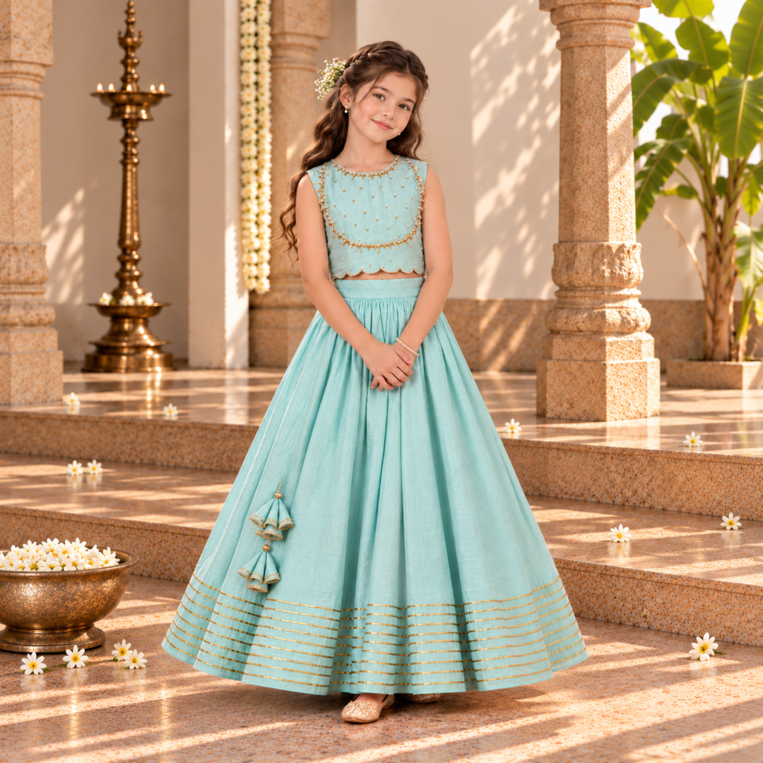 Powder Blue Girls Lehenga | Dabka Work