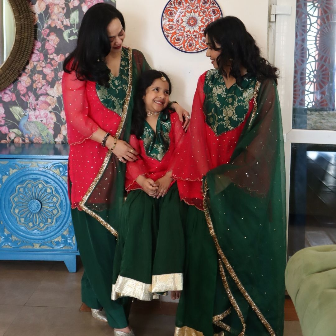 Pink Kurta with Patch & Green Farsi Salwar Set for Moms