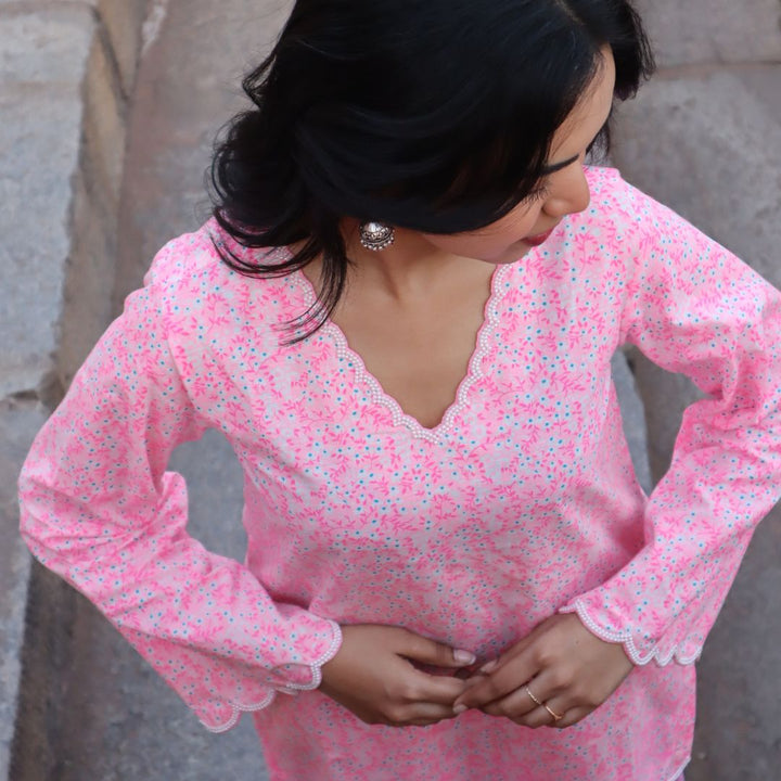 pink Floral Printed pearl scallop Farshi salwar set for girls