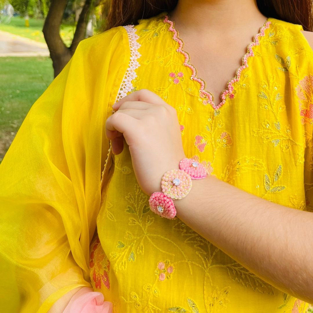 YELLOW &amp; PEACH EMBROIDERED KURTI WITH SHARARA FOR GIRLS