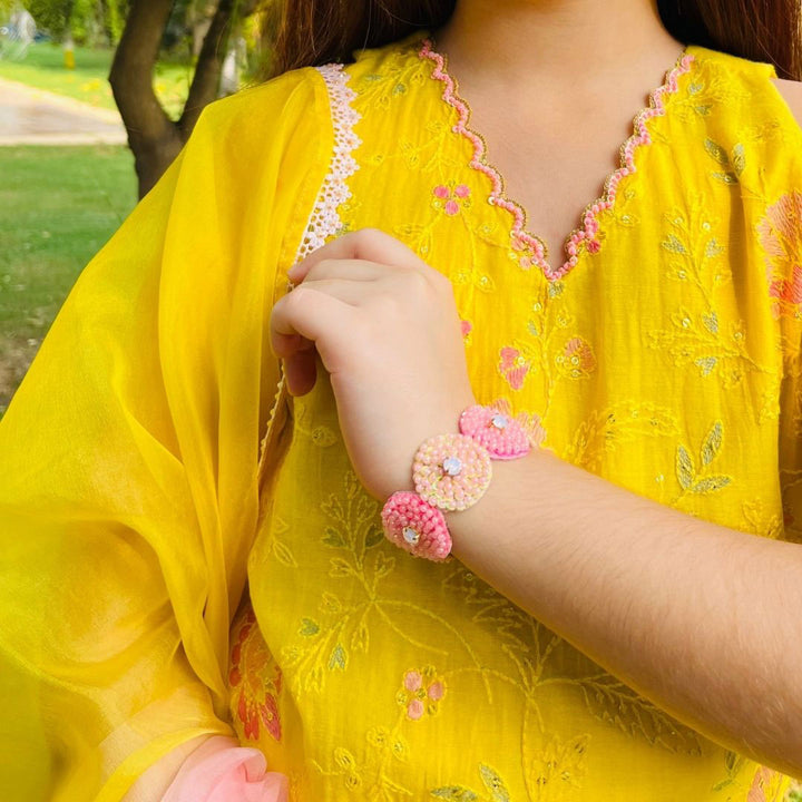 YELLOW &amp; PEACH EMBROIDERED KURTI WITH SHARARA FOR GIRLS