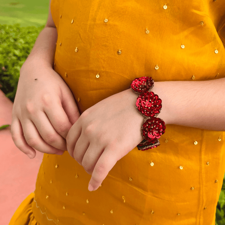 Daisy Deep Red Sequin Hand-Embellished Bracelet – Lightweight Multipurpose Ethnic Hand Accessory for Girls & Kids | Festive & Wedding Jewelry