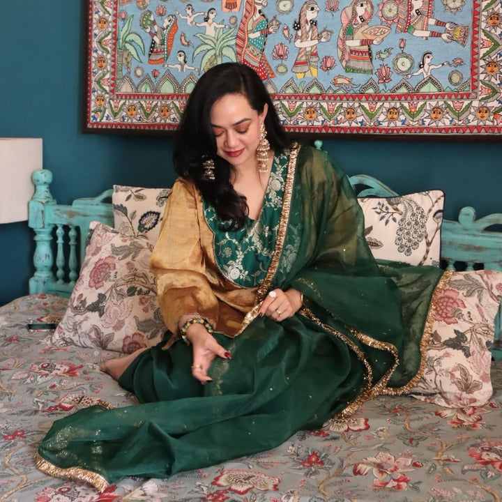 Pure Golden Tissue Kurta with Green Farsi Salwar for Moms