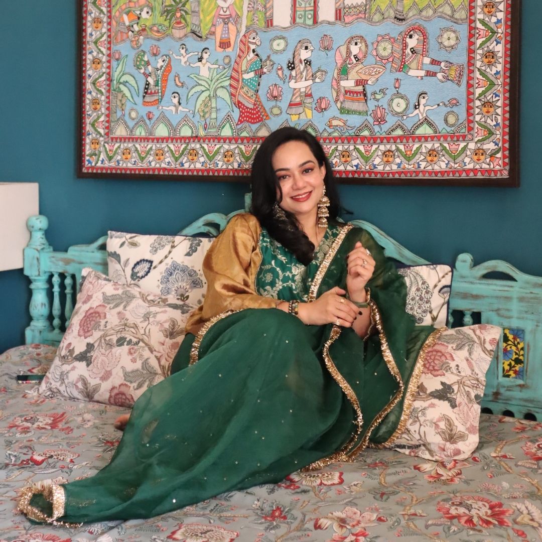 Pure Golden Tissue Kurta with Green Farsi Salwar for Moms