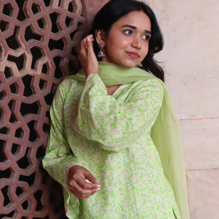 Green Floral Printed Pearl Scallop Farshi Salwar Set for Girls