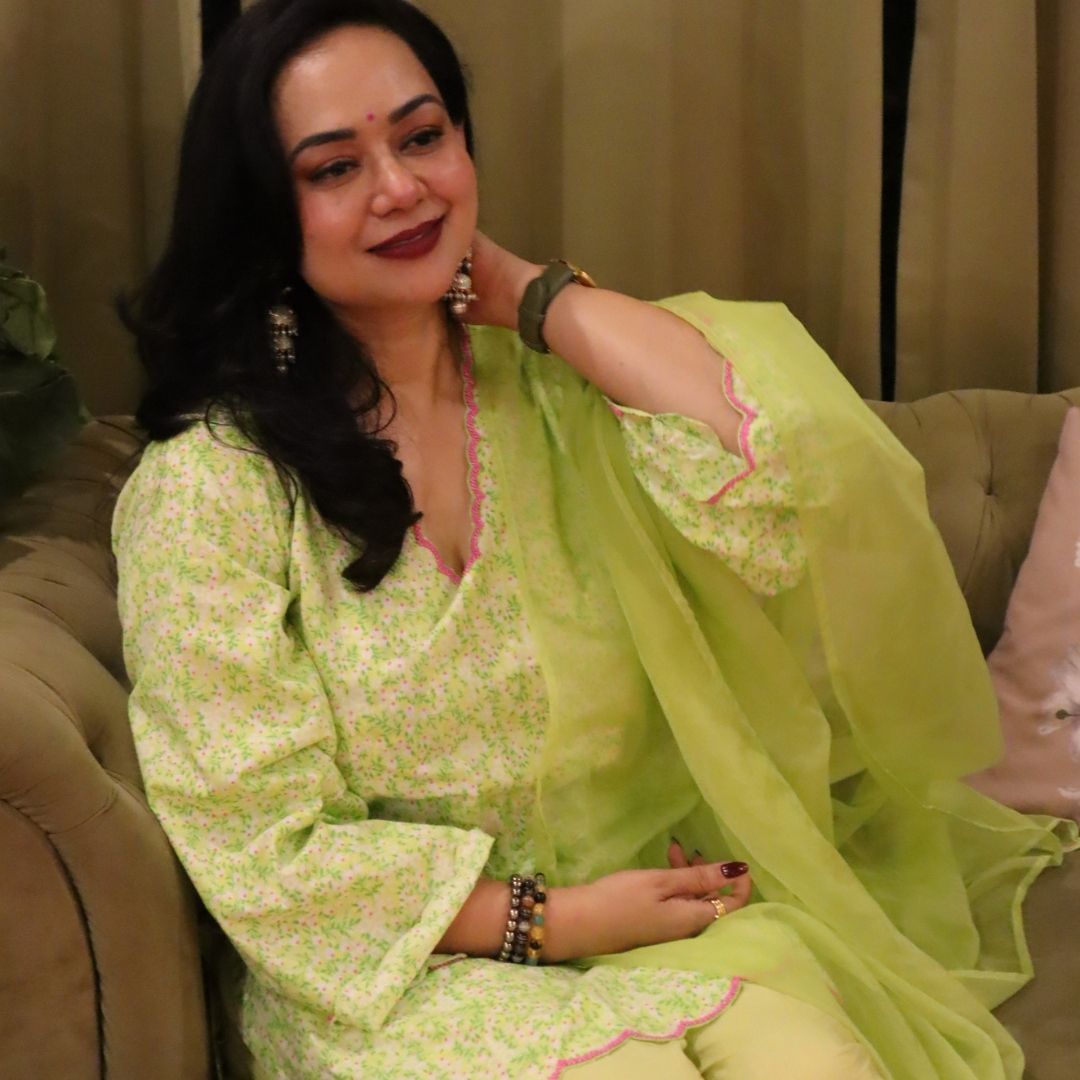 Green Floral Printed Pearl Scallop Farshi Salwar Set for Moms