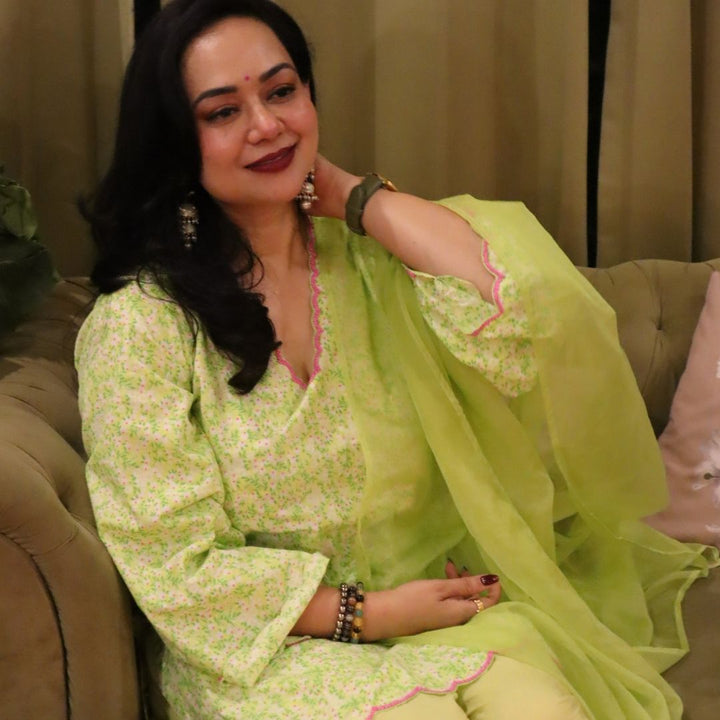 Green Floral Printed Pearl Scallop Farshi Salwar Set for Moms