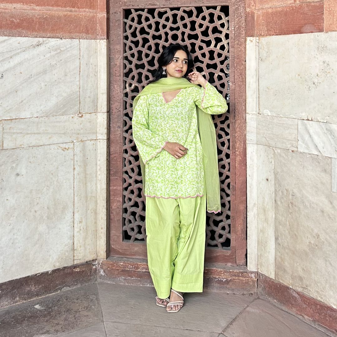 Green Floral Printed Pearl Scallop Farshi Salwar Set for Girls