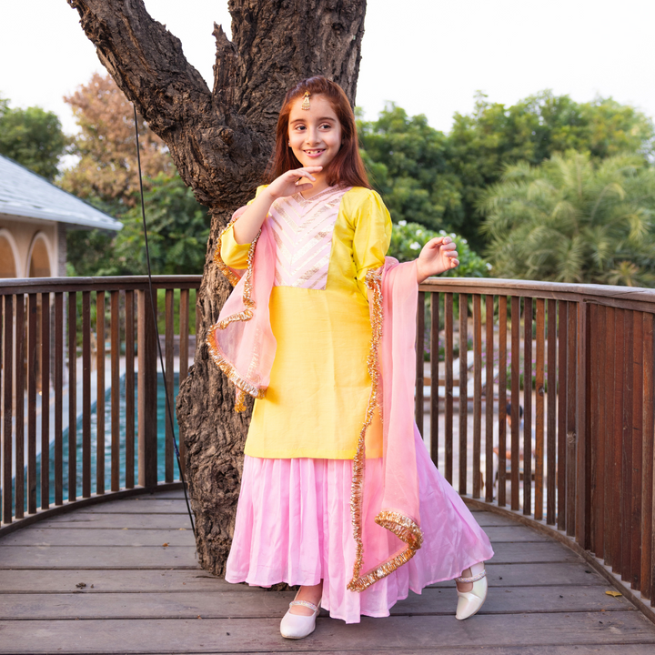 Girls Navratri sharara Kidswear golden embellishment artisan crafted Mumbai Ahmedabad