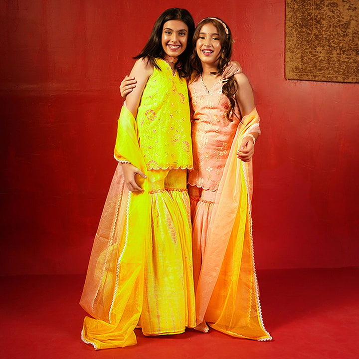 ethnic wear for girls yellow kurti with tie-dye sharara South Delhi
