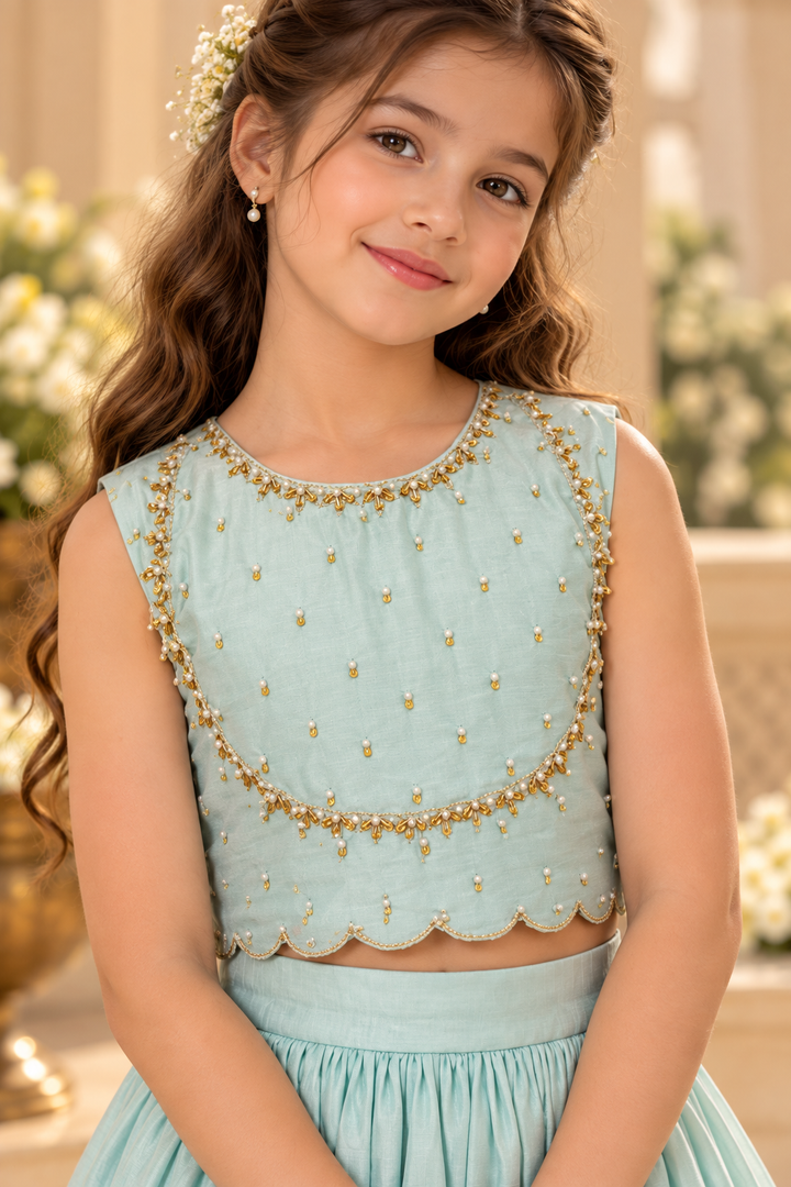 Powder Blue Girls Lehenga | Dabka Work