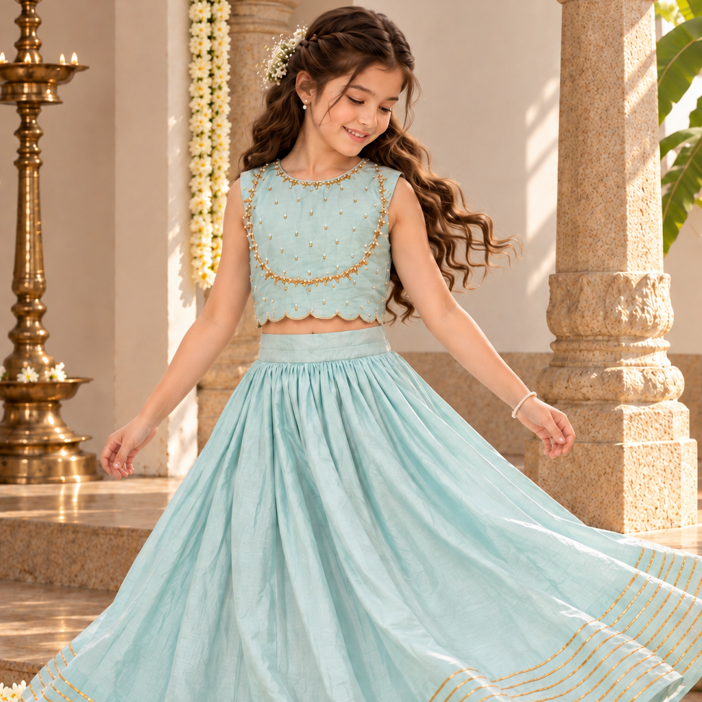 Powder Blue Girls Lehenga | Dabka Work