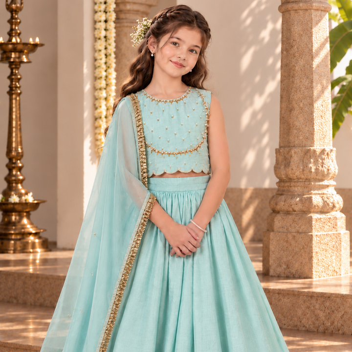 Powder Blue Girls Lehenga | Dabka Work