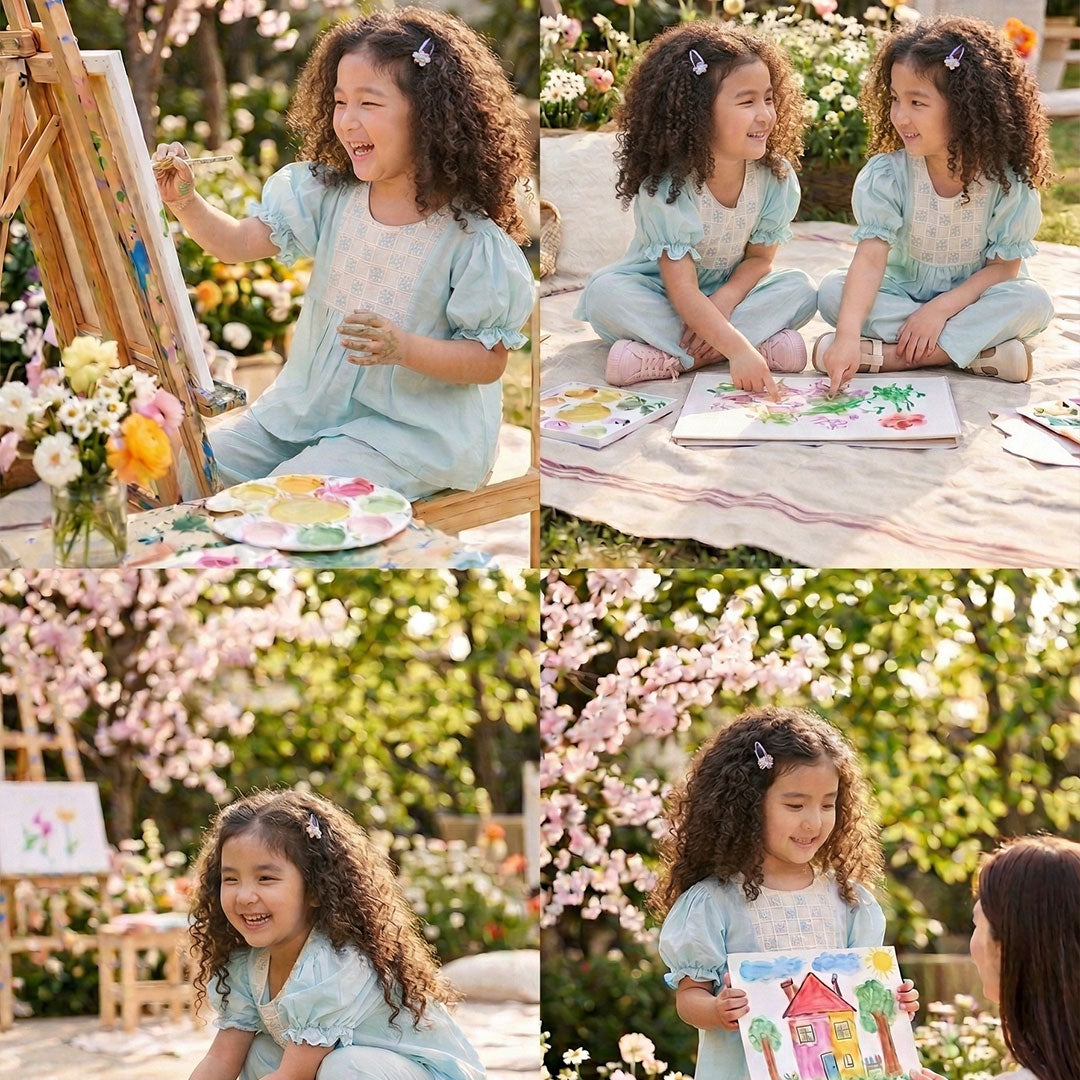 uxury Indian kidswear featuring a powder blue Chanderi co-ord set for girls.