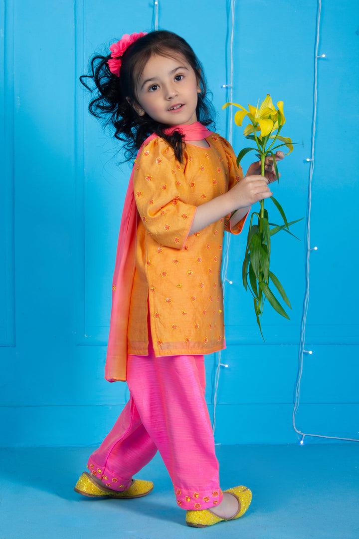 Luxury orange suit with fuschia pink salwar for girls for Hyderabad weddings