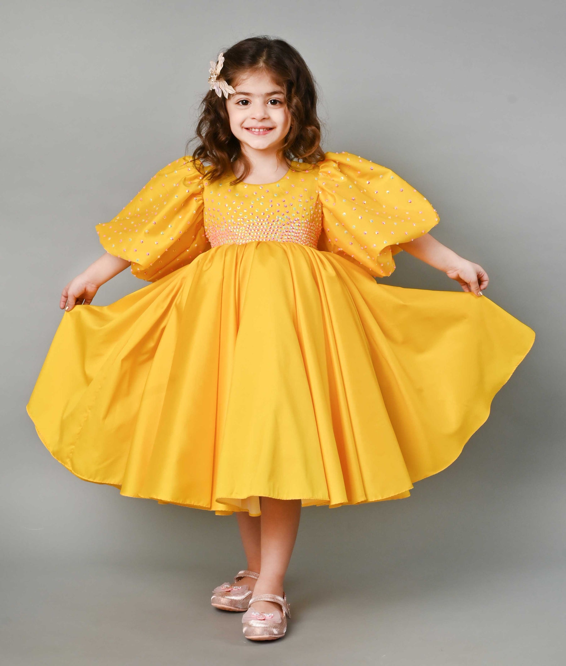 Hi-Low Frill Sleeve High Neck Dress - Canary Yellow