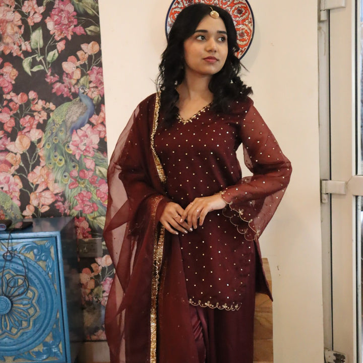 Chocolate wine farshi salwar set for girls perfect for Eid celebrations