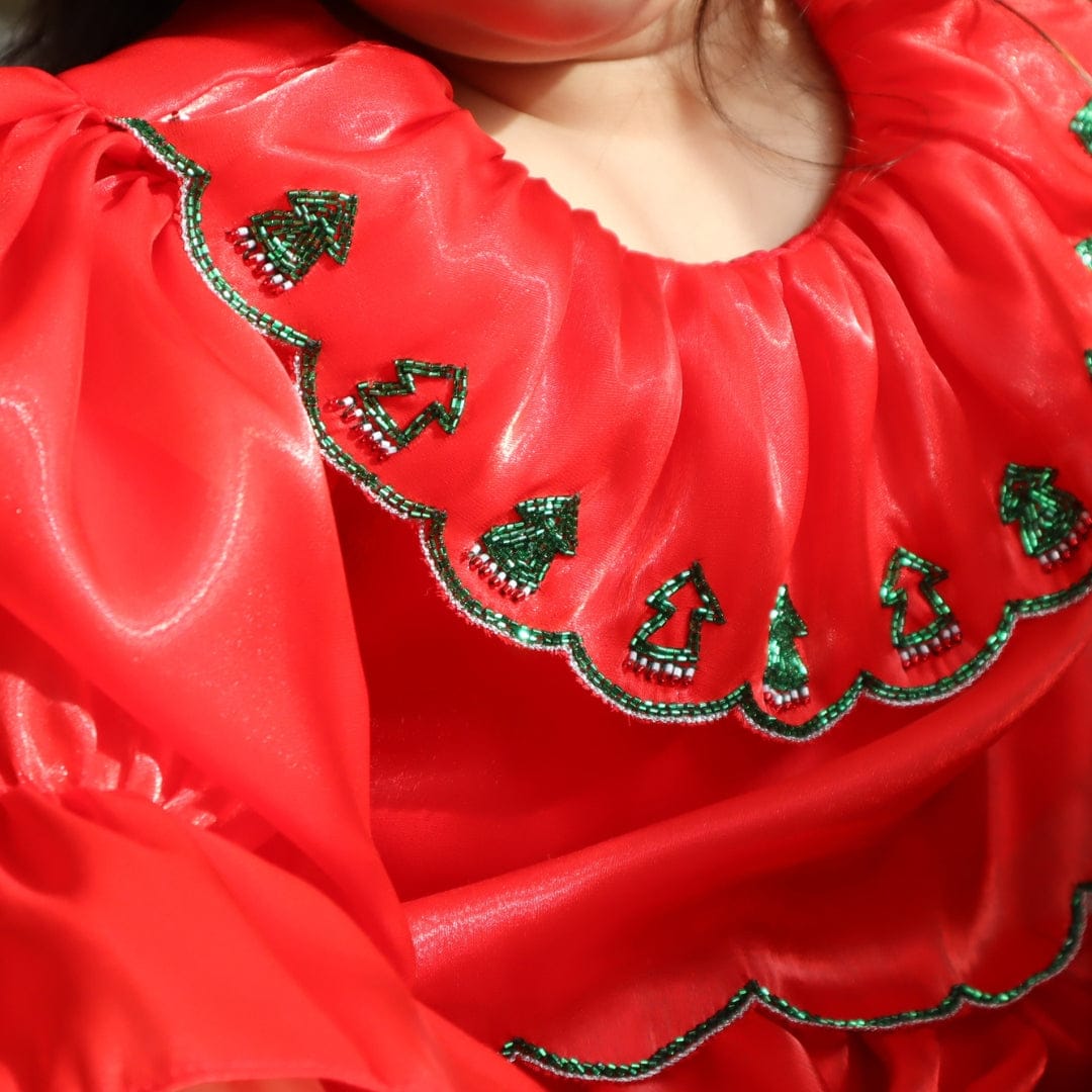 Christmas red hand-embroidered girl’s top Dubai designer kidswear