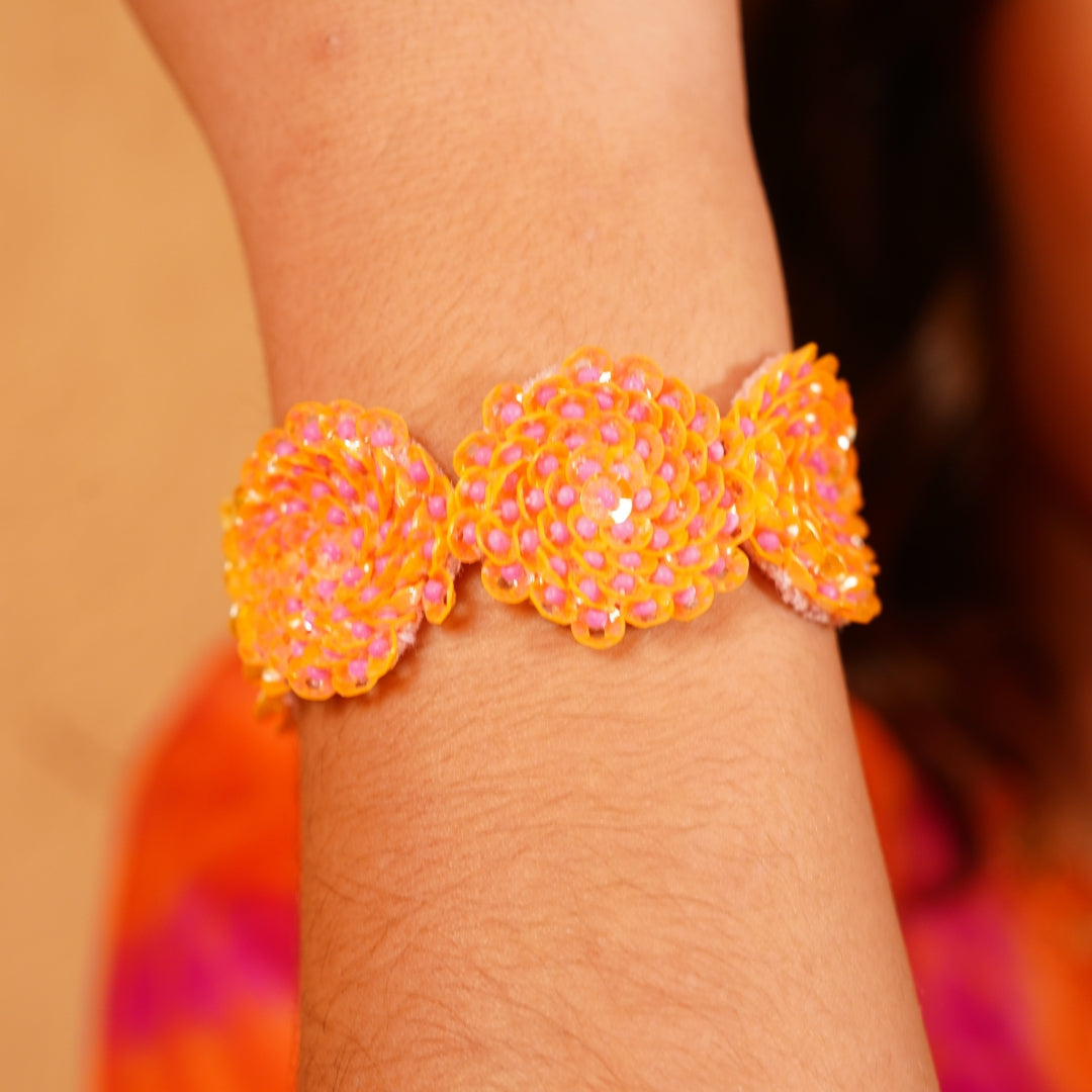 Ethnic hand bracelet in pink and orange sequins – Navratri-ready jewelry for girls