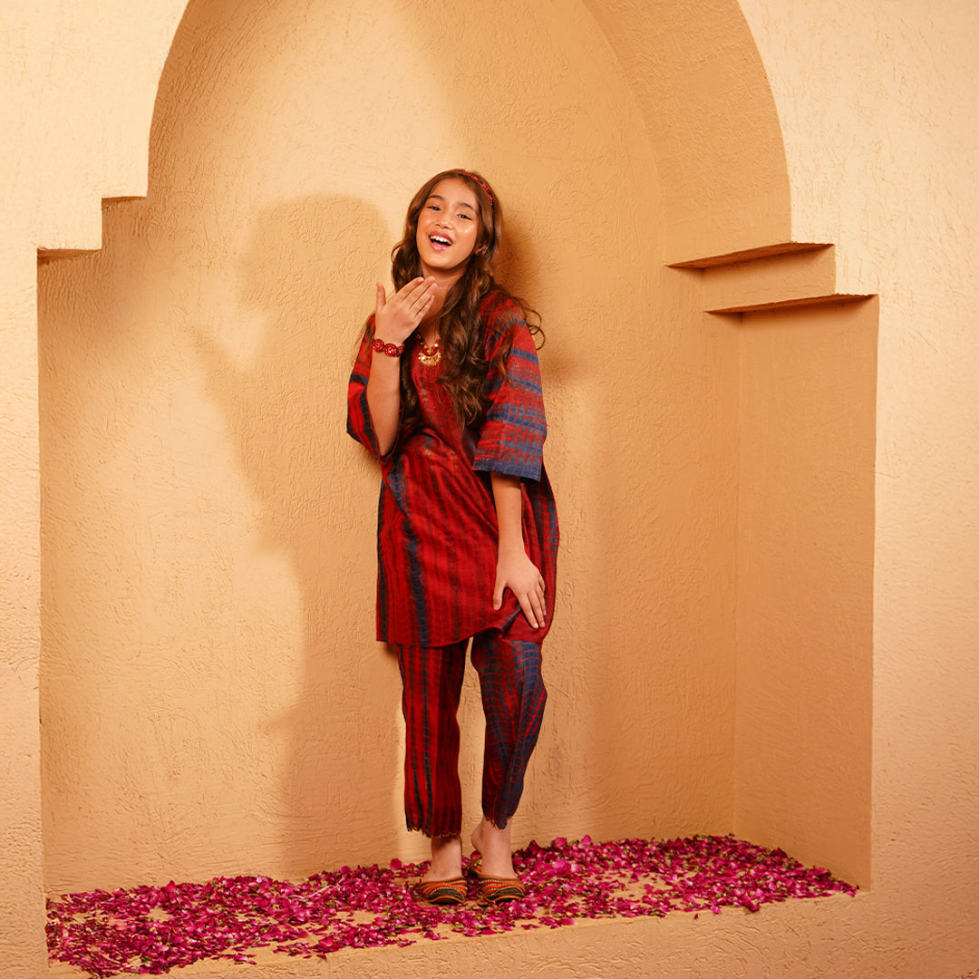 Raksha Bandhan Kidswear kaftan suit in maroon indigo tie dye with handcrafted zari work