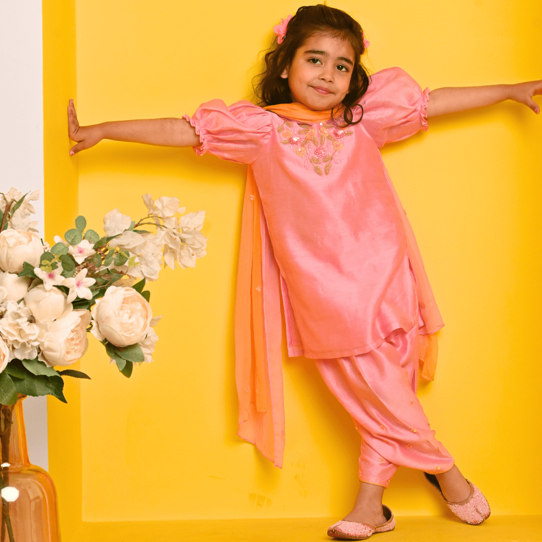 Peach ethnic wear with Swarovski lace detailing for girls for wedding brunch in UAE