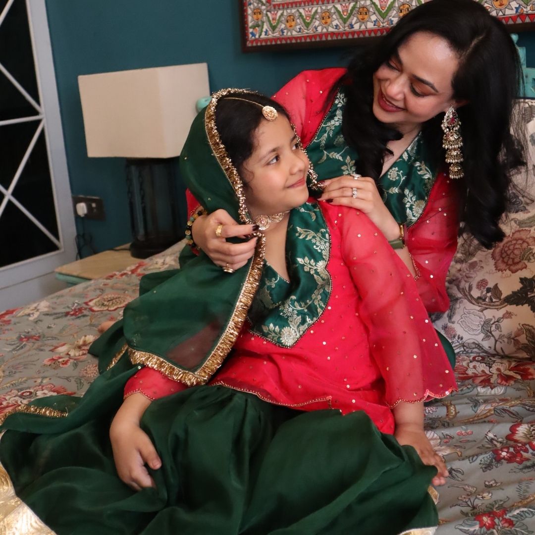 Designer pink organza green sharara for wedding celebrations in Gurugram