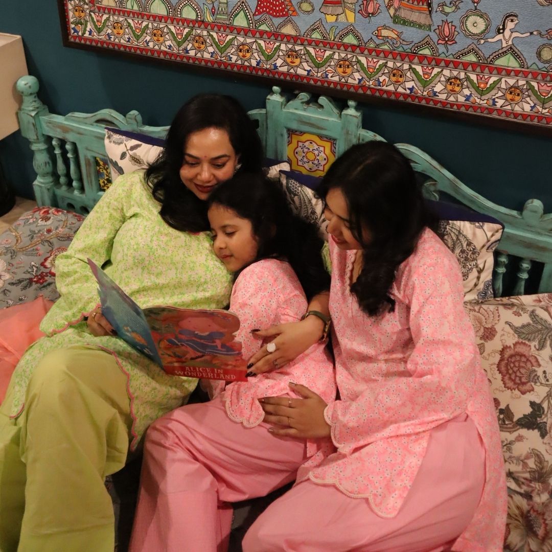 Elegant mom daughter parrot green kurta set for luxury Gurgaon brunches