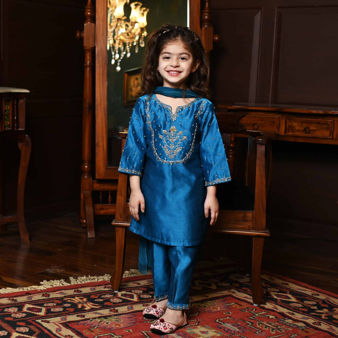 Designer Blue hand-embroidered salwar suit for girls for sangeet in Hyderabad