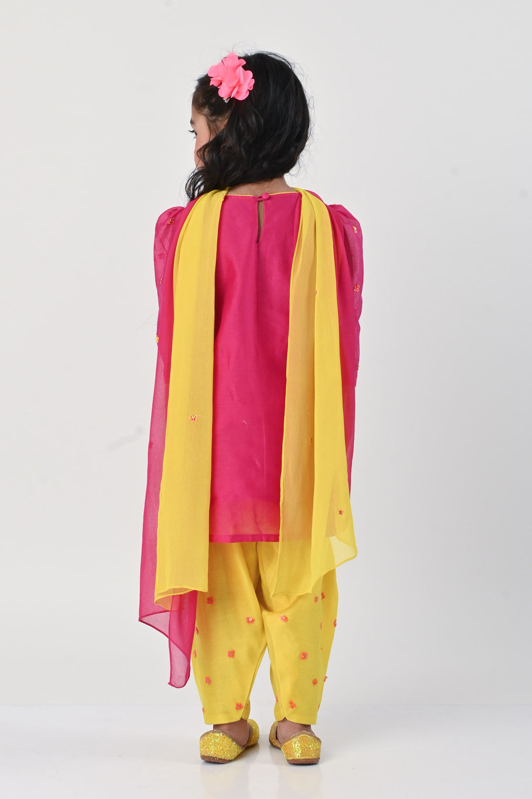 Vibrant Pink and Orange Chanderi Suit Salwar for Girls, ideal traditional wear for parties in Mumbai and South Delhi.