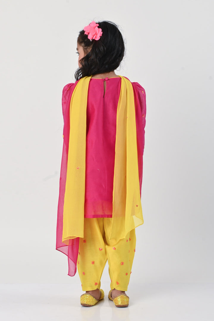 Vibrant Pink and Orange Chanderi Suit Salwar for Girls, ideal traditional wear for parties in Mumbai and South Delhi.