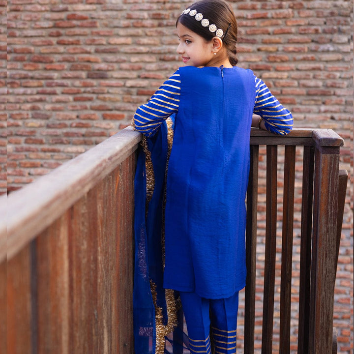Designer Persian blue and gold salwar outfit for girls for festive wear in UAE