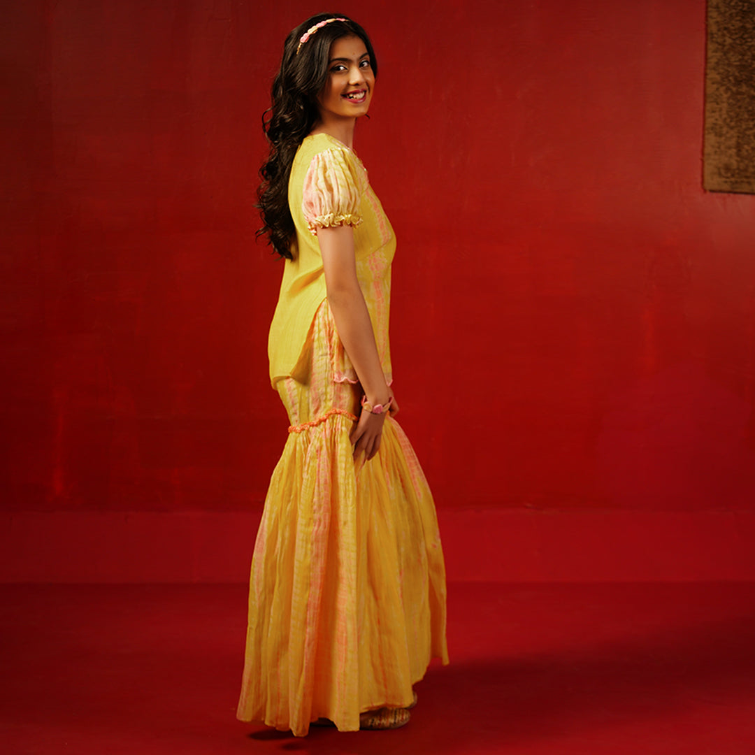Yellow tie-dye kurti with organza dupatta kids ethnic wear for Diwali Mumbai couture