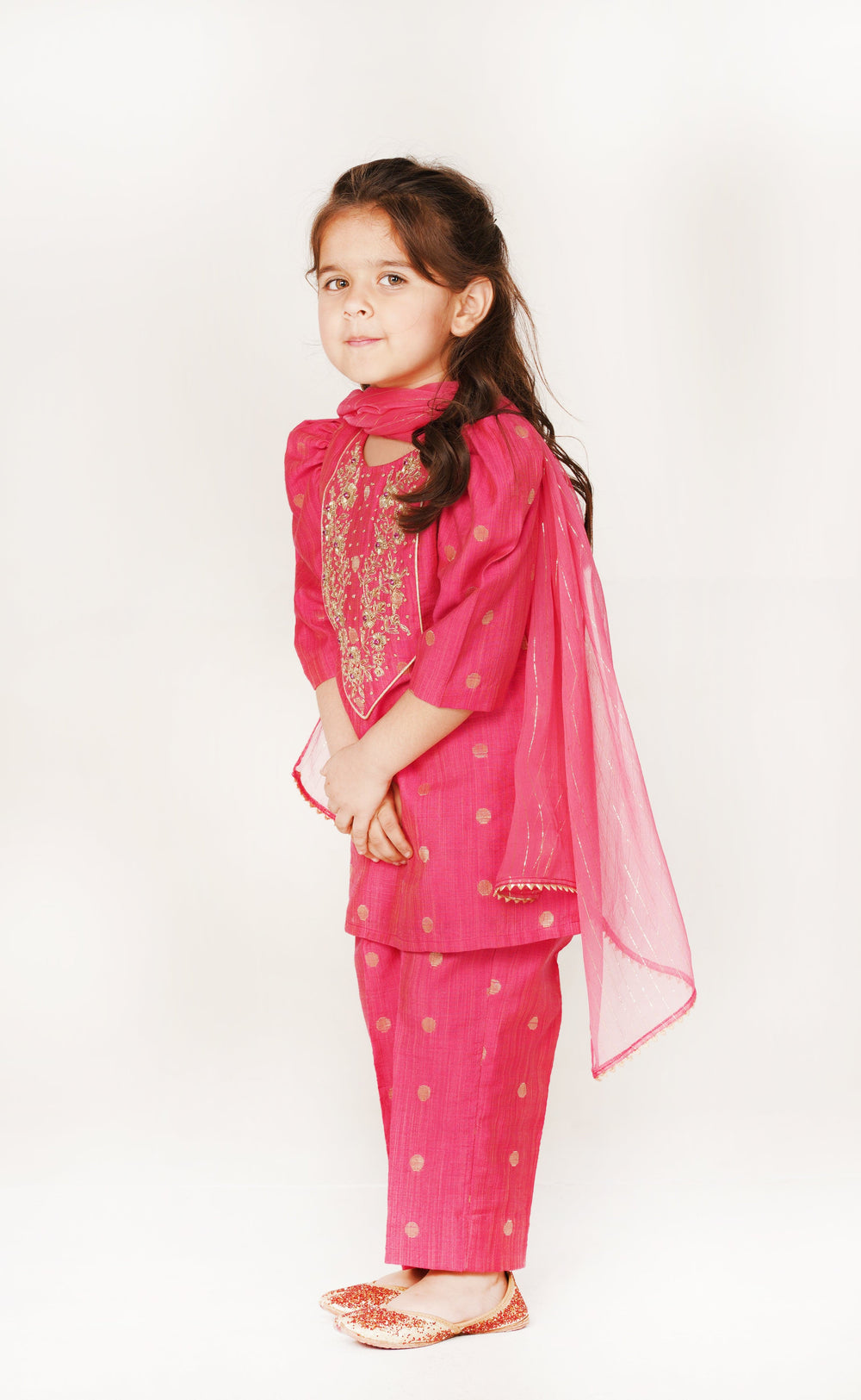 Designer fuschia pink polka dot suit salwar for girls for Gurgaon weddings